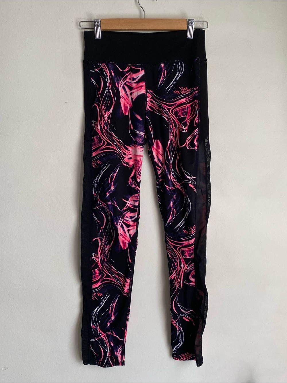 Black Pink Swirl Print Side Mesh Leggings